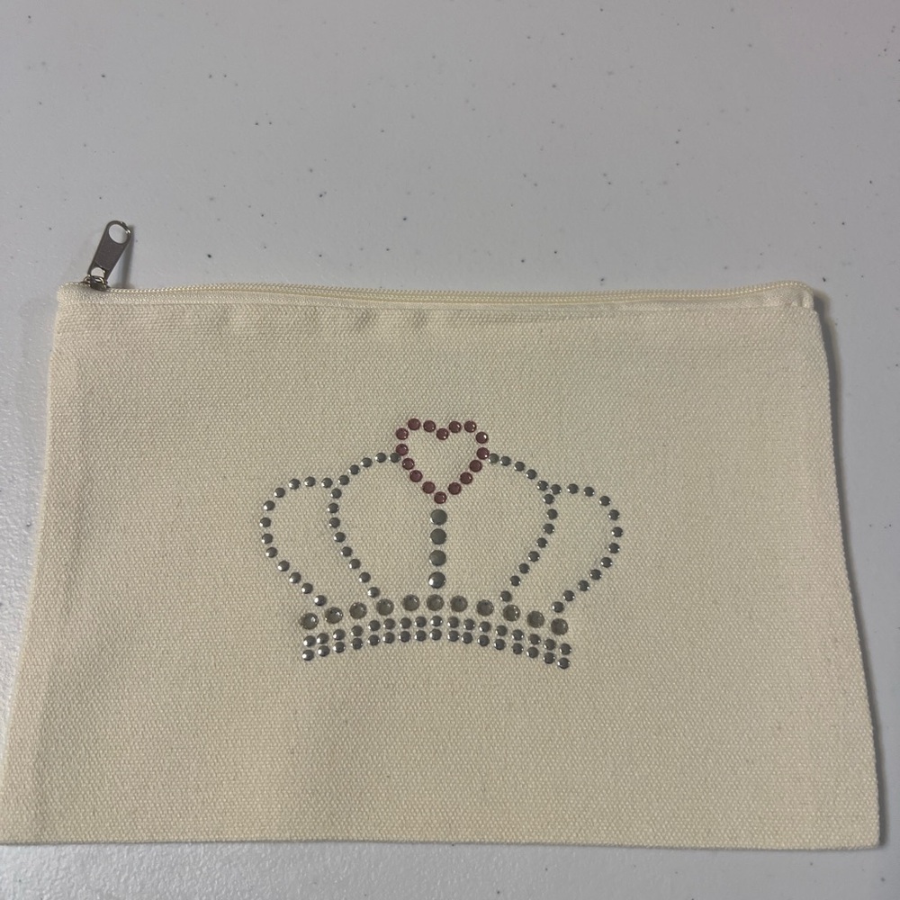 Canvas Zipper Pouch with Rhinestone Crown Design